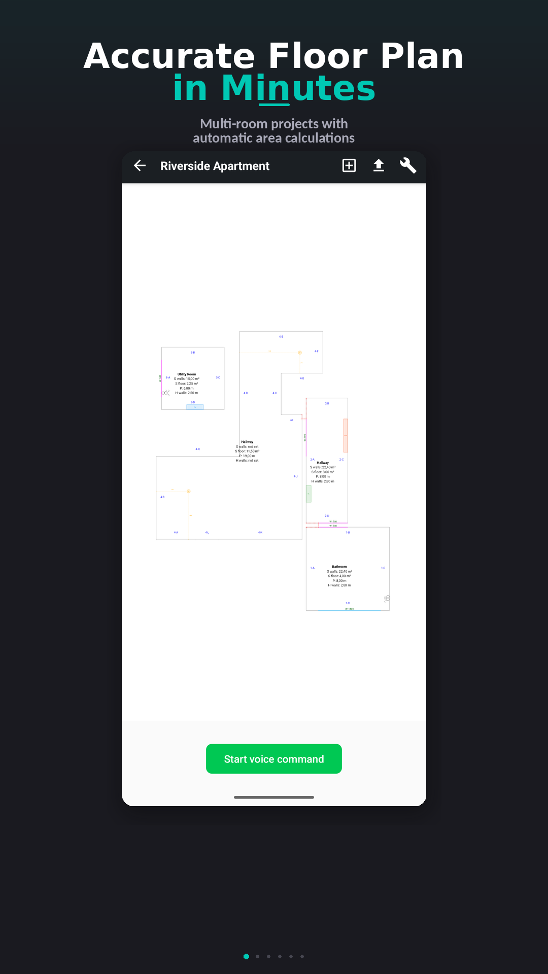Multi-room floor plan with automatic area calculations